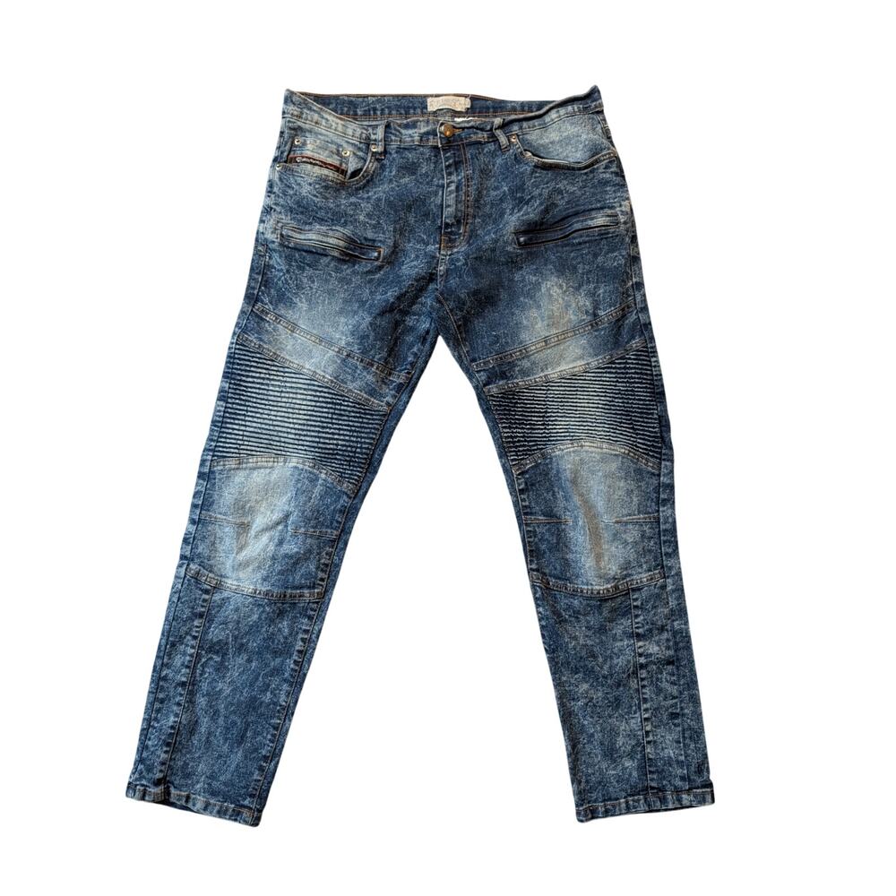 Akademiks Jeanius Men's 36x30 Blue Acid Wash Moto Biker Streetwear Jeans